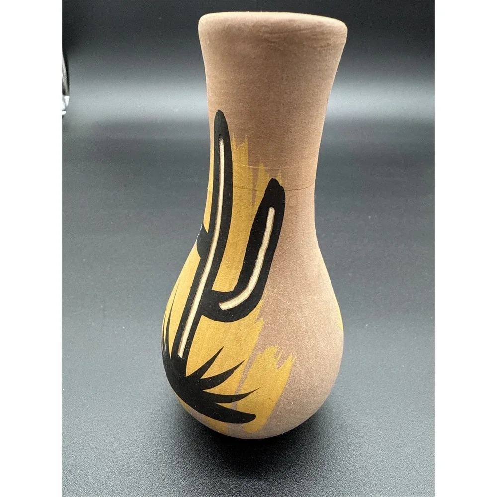 Mini Mexican‎ Style Cactus Carved Pottery Vase Hand Painted 4.5 In Signed AZ.